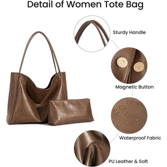 Khaki Tote Bag for Women 2 Pcs Large Casual PU Weekender Bag Soft Vegan Leather - Picture 5 of 6